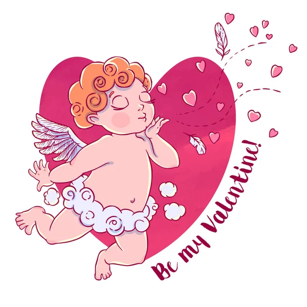 Día San Valentín Cupido Niño Pantalones Nublados Soplando Besos Corazones — Vector de stock