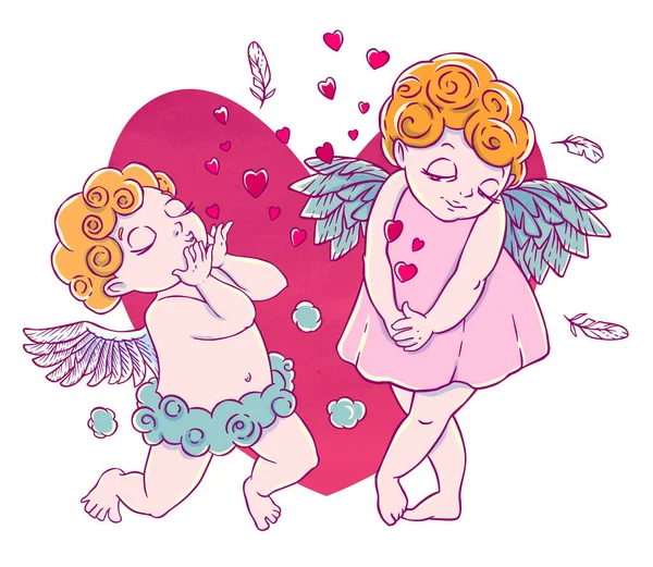 Aftelkalender Voor Valentijnsdag Cupido Boy Wolk Broek Knielt Waait Kussen — Stockvector