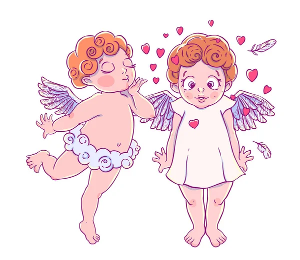 Dia Dos Namorados Cupido Menino Calças Nuvem Soprando Beijos Corações — Vetor de Stock