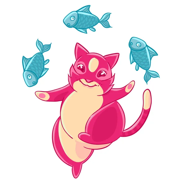 Cute Pink Cat Smiling Juggling Fish Vector Illustration Shirt Print — Stock Vector