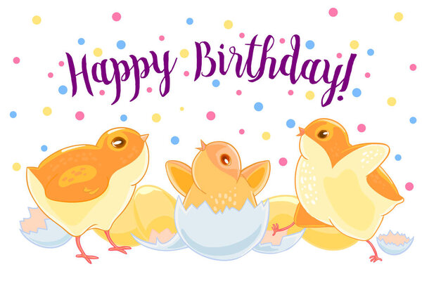 Два счастливых цыпленка машут крыльями. Цыпочка вылупилась из яйца. Новорожденный. Векторная иллюстрация. Отпечаток футболки. Открытка
.