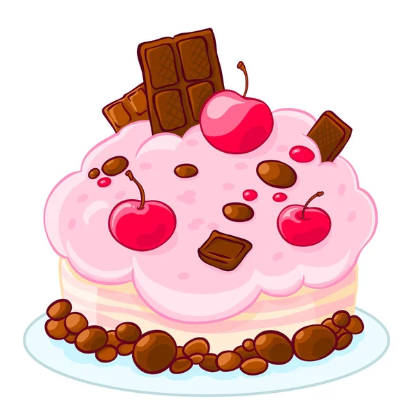 Icon Cartoon Delicious Sponge Cake Chocolate Jelly Beans Cherries Treat — Stock Vector