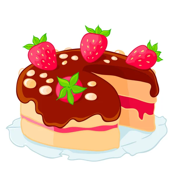 Cartoon Icon Cut Sponge Cake Strawberries Chocolate Piece Dessert Vector — Stock Vector