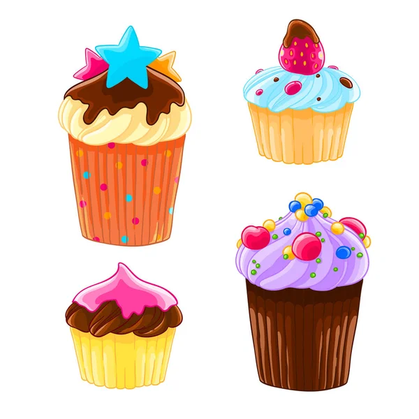 Conjunto Quatro Ícones Estilo Cartoon Deliciosos Muffins Com Creme Chocolate —  Vetores de Stock