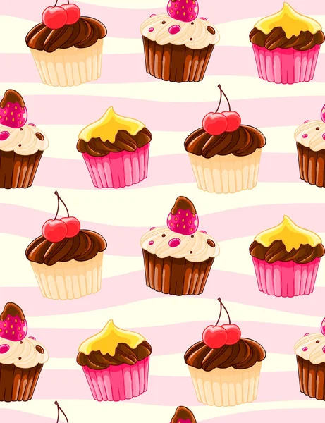 Dekorativní Vzor Bezešvé Muffiny Třešní Karikatuře Stylu Růžové Proužky Pozadí — Stockový vektor
