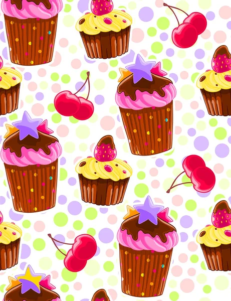 Nahtloses Dekormuster Mit Muffins Und Kirschen Cartoon Stil Gepunkteter Hintergrund — Stockvektor