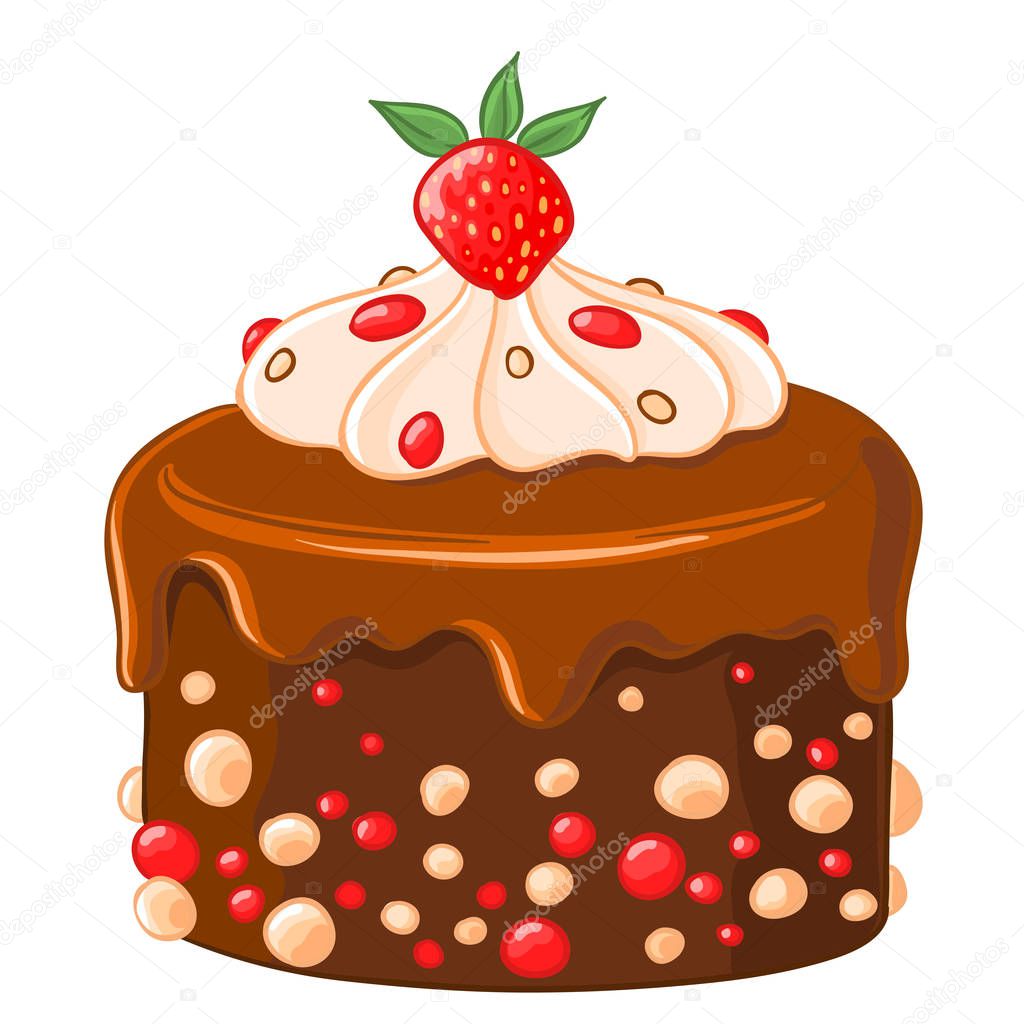 Cartoon icon chocolate-coffee cake with caramel syrup, strawberries and whipped cream. Vector illustration isolated on white. T-shirt printing.