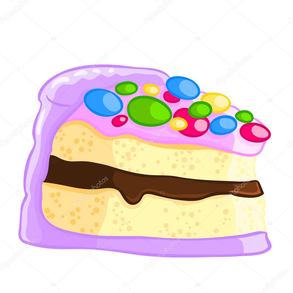 Cartoon icon of a piece of vanilla sponge cake with chocolate sauce and sprinkles. Vector illustration isolated on white. T-shirt printing.