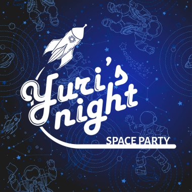 Dünya alan şahıs kart tasarımı. Yuri s gece banner veya el ilanı. 12 Nisan Cosmonautics gün. Vektör çizim.