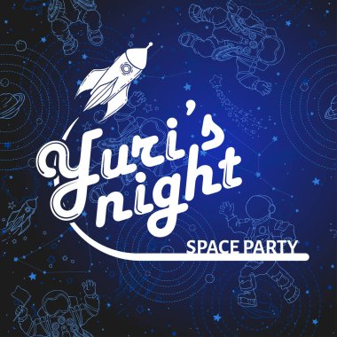 World space party card design. Yuri s night banner or flyer. April 12 Cosmonautics Day. Vector illustration. clipart