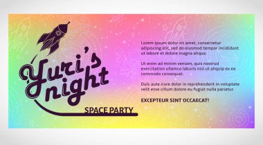 World space party card design. Yuri s night banner or flyer. April 12 Cosmonautics Day. Vector illustration. clipart