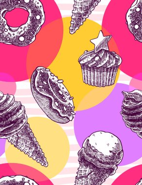 Vintage el drawned dondurma koniler ve kekler, çörekler çok renkli daireler ve çizgili arka plan ile Seamless modeli. Tekstil, duvar kağıdı.