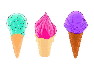 Karikatür kroki sır, kum ve beyaz arka plan üzerinde izole gözleme ile üç dondurma koni kümesi. T-shirt baskı ve etiket.