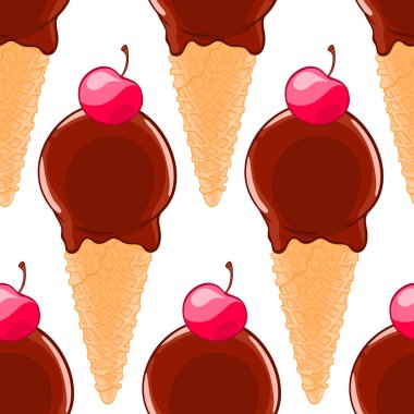 Çikolatalı dondurma koniler ve kiraz tatlı seamless modeli. Yaz serin Tekstil veya kumaş doku