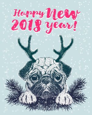 Mutlu yeni yıl tebrik kartıyla boynuz ile komik köpek vektör portresi. Şirin pug köpek yavrusu. T-shirt