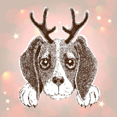 Mutlu yeni yıl tebrik kartı ile parlak yıldız arka boynuz ile komik köpek vektör portresi. Şirin beagle köpek yavrusu. T-shirt