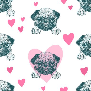 Güzel pug köpek yavrusu ve kalpleri ile Seamless modeli. Tekstil, ambalaj tasarımı.