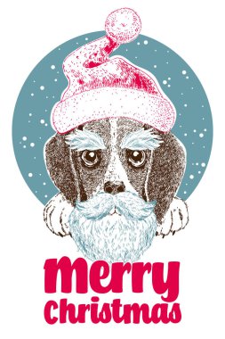 Yeni yıl tasarım tebrik kartı ile şirin beagle köpek yavrusu santa kapağı, sakal ve bıyık. Yazdırın. T-shirt