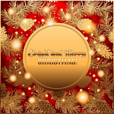 Çam kozalakları ve kozalaklı kırmızı zemin üzerine altın tasarımı Parlatıcı ile daveti veya tebrik Merry Noel kartı