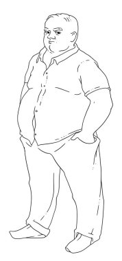 Vektör çizim obezite ile kel bir adam. Şişman adam ellerini ceplerine duruyor. Doğrusal siyah-beyaz çizim.