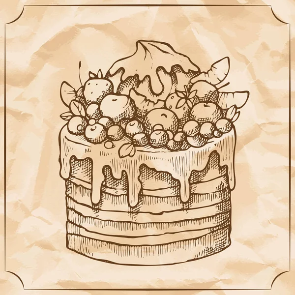 Dolce Torta Retrò Con Frutta Bacche Regalo Compleanno Illustrazione Disegnata — Vettoriale Stock