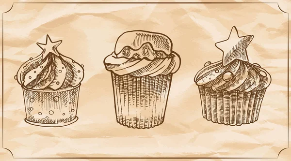 Set Three Retro Delicious Muffins Cream Chocolate Strawberry Vector Hand — Stock Vector