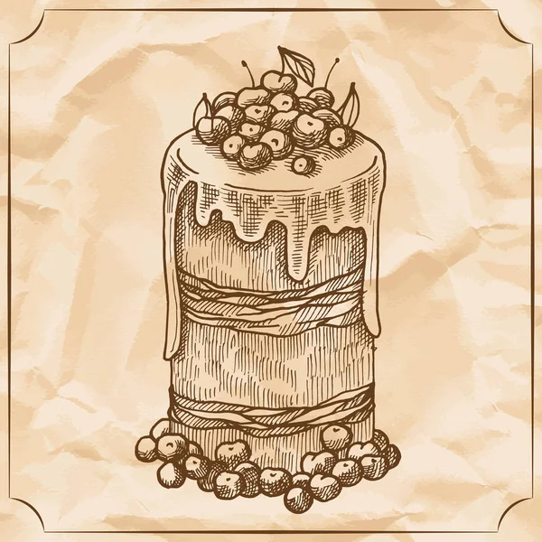 Pastel Retro Dulce Con Frutas Bayas Trato Para Cumpleaños Ilustración — Vector de stock