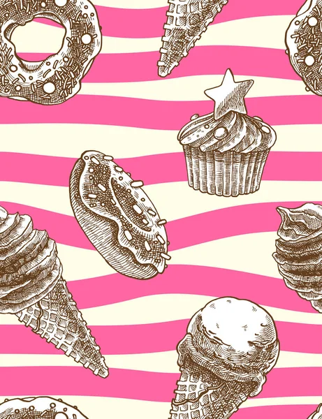 Nahtlose Dekorative Muster Mit Eistüten Muffins Und Donuts Handgezeichneten Stil — Stockvektor