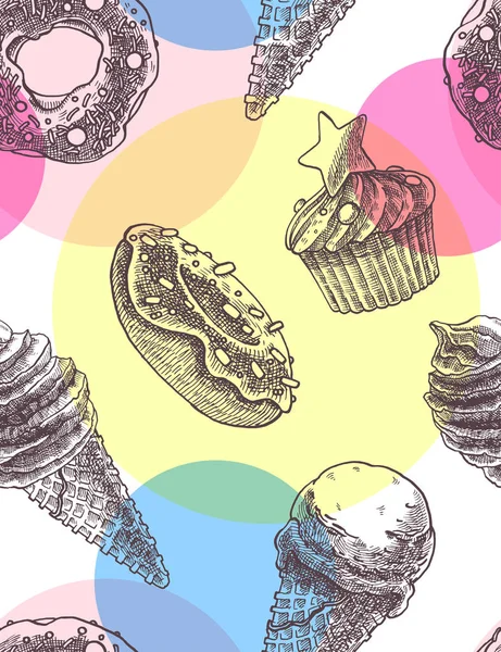 Modello Senza Cuciture Con Coni Gelato Muffin Disegnati Mano Vintage — Vettoriale Stock