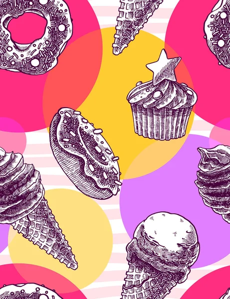 Nahtloses Muster Mit Vintage Handgezeichneten Eistüten Und Muffins Donuts Auf — Stockvektor