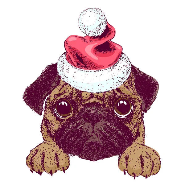 Vector Sketch Cute Pug Puppy Santa Hat New Year Christmas — Stock Vector