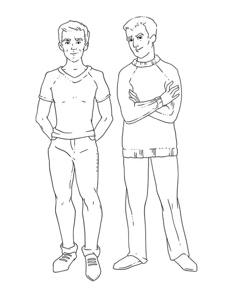 Genç Bir Çift Vektör Illustration Eşcinsel Kişi Gülümse Doğrusal Siyah — Stok Vektör