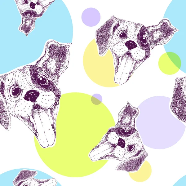 Seamless pattern with pretty happy dog with his tongue hanging out and colorful circles. Textile, package design.