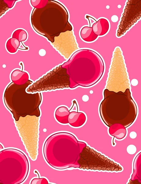 Seamless Sweet Pattern Glazed Icecream Cones Sweet Cherries Cartoon Style — Stock Vector
