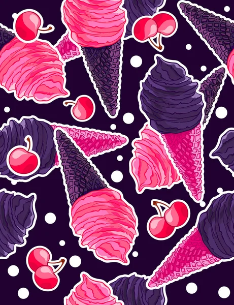 Seamless Sweet Pattern Berry Gothic Black Icecream Cones Sweet Cherries — Stock Vector