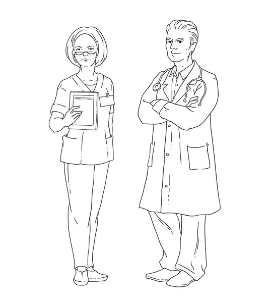 Vektorillustration Eines Arztpaares Mediziner Lineare Schwarz Weiß Zeichnung lizenzfreie Stockillustrationen