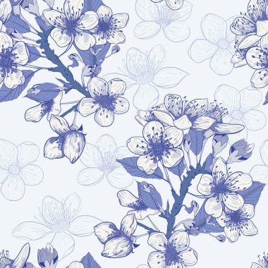Çiçek deseni. Mavimsi taslak. Oyuncak Duvar Kağıdı. Klasik dikişsiz vektör çizimi. Mavi ve beyaz çizgiler. Parlak, beyaz bir arka plan. Kumaş, duvar kağıdı örnekleri. Dokuları olan çiçek buketi.