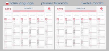 2021 Planlayıcı Takvimi. Duvar düzenleyicisi, yıllık planlama şablonu. Vektör çizimi. Dikey aylar. İki tahta. 12 aylık bir set. Temiz tasarım. Lehçe. Grafik veya resim için boşluk kopyala.