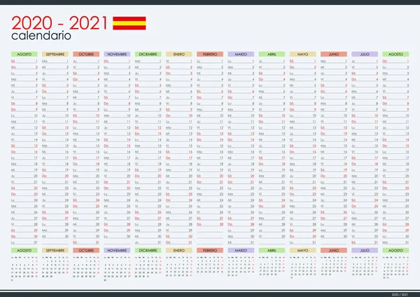 2020 2021 Planificador Pared Mitad Año Español Año Académico Perfecto — Vector de stock