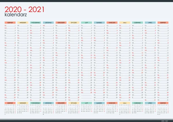 2020 2021 Среднегодовой Планировщик Стен Польском Языке Учебный Год Перфект — стоковый вектор