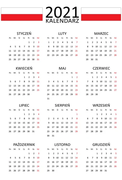 Polish Calendar 2021 Months One Page Weekend Start Monday Clean — Stock Vector