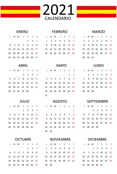 Spanish Calendar 2021 Months One Page Weekend Start Monday Clean — Stock Vector