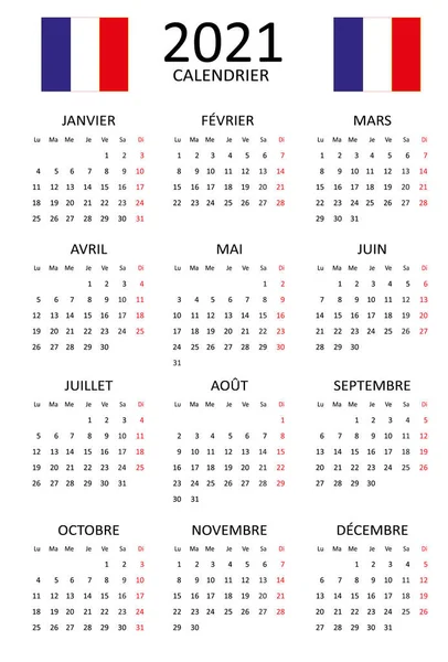 French Calendar 2021 Months One Page Weekend Start Monday Clean — Stock Vector