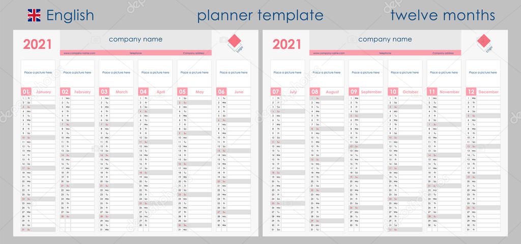 2021 Planner Calendar. Wall organizer, yearly planner template. Vector illustration. Vertical months. Two boards. Set of 12 months. Clear design. English language. Copy space for graphic or picture.