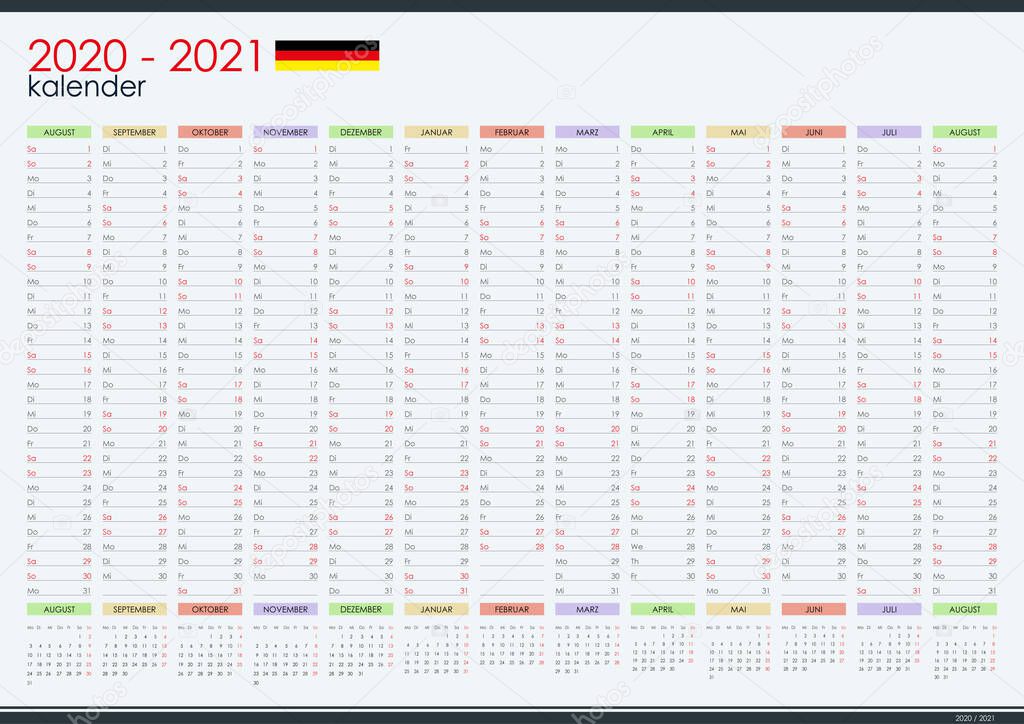 2020 - 2021 mid year wall planner in german language. Academic year. Perfect for home schooling plan, schedule. Organizer, yearly planner template. Vector illustration. One page. Set of 12 months.
