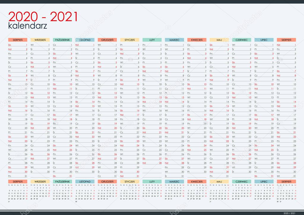2020 - 2021 mid year wall planner in polish language. Academic year. Perfect for home schooling plan, schedule. Organizer, yearly planner template. Vector illustration. One page. Set of 12 months.