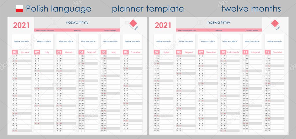 2021 Planner Calendar. Wall organizer, yearly planner template. Vector illustration. Vertical months. Two boards. Set of 12 months. Clear design. Polish language. Copy space for graphic or picture.