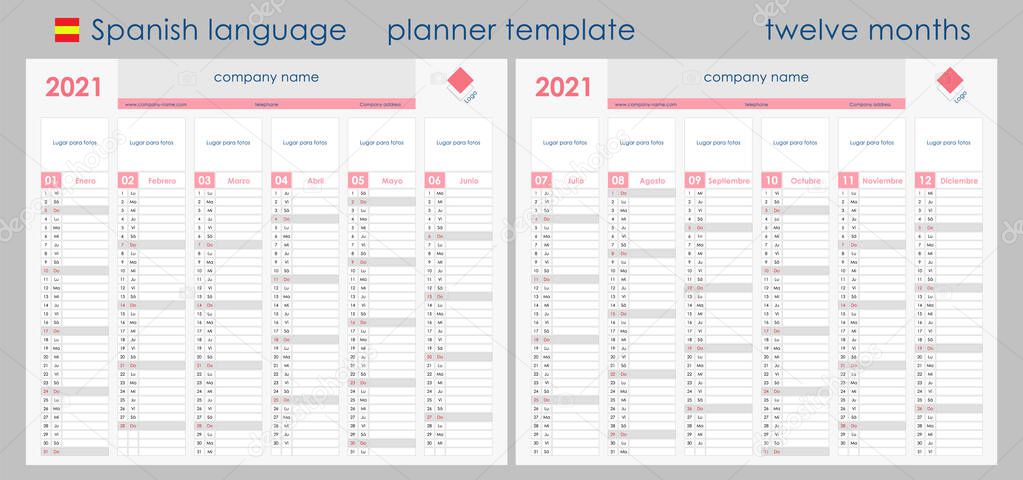 2021 Planner Calendar. Wall organizer, yearly planner template. Vector illustration. Vertical months. Two boards. Set of 12 months. Clear design. Spanish language. Copy space for graphic or picture.