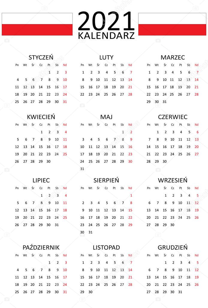 Polish calendar for 2021. 12 months on one page. Weekend start from Monday. Clean and transparent style. Monochrome Calendar Layout. Red Sunday.