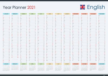 2021 için planlama takvimi. Duvar düzenleyicisi, yıllık planlama şablonu. Vektör çizimi. Dikey aylar. Bir sayfa. 12 aylık set.